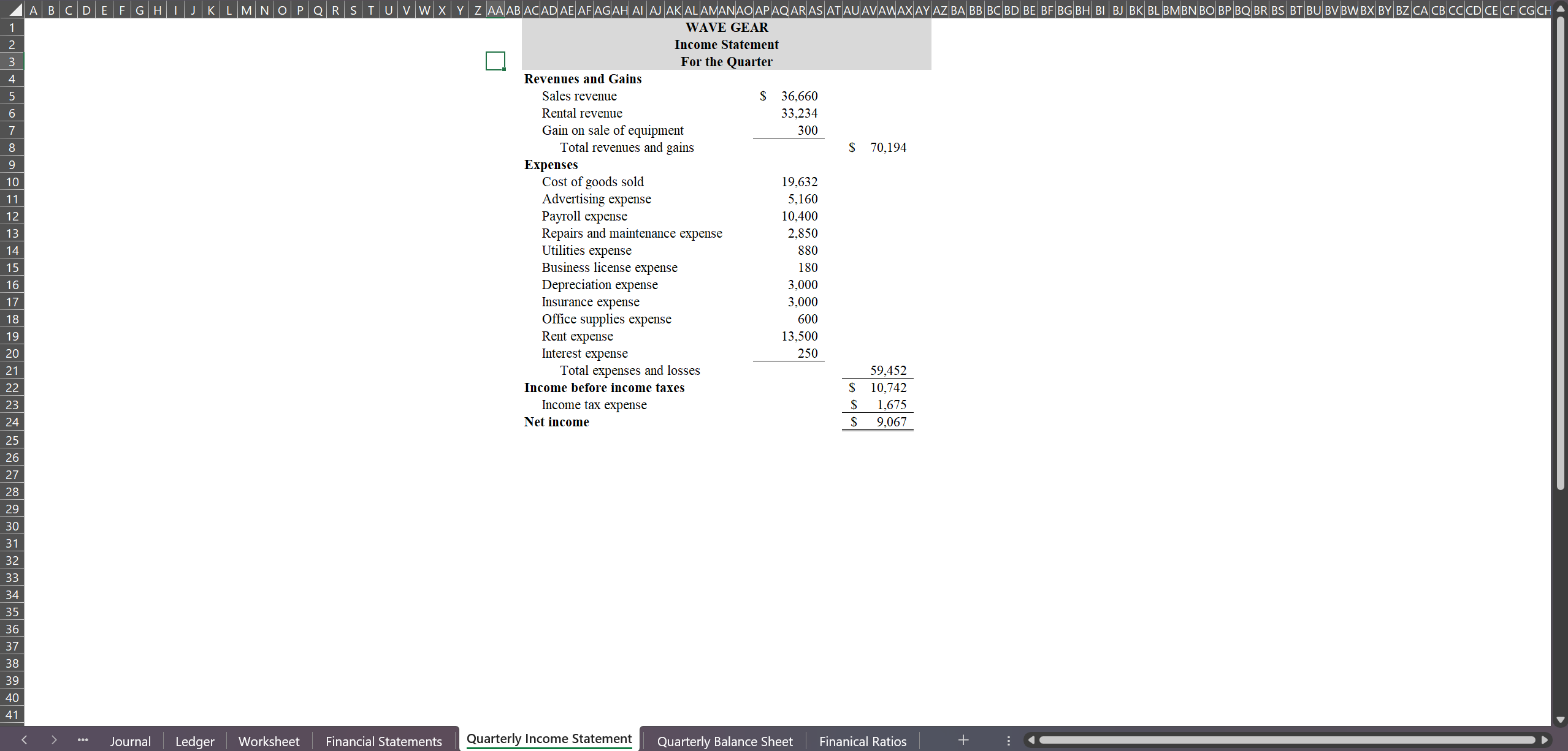 Quarterly Income Statement